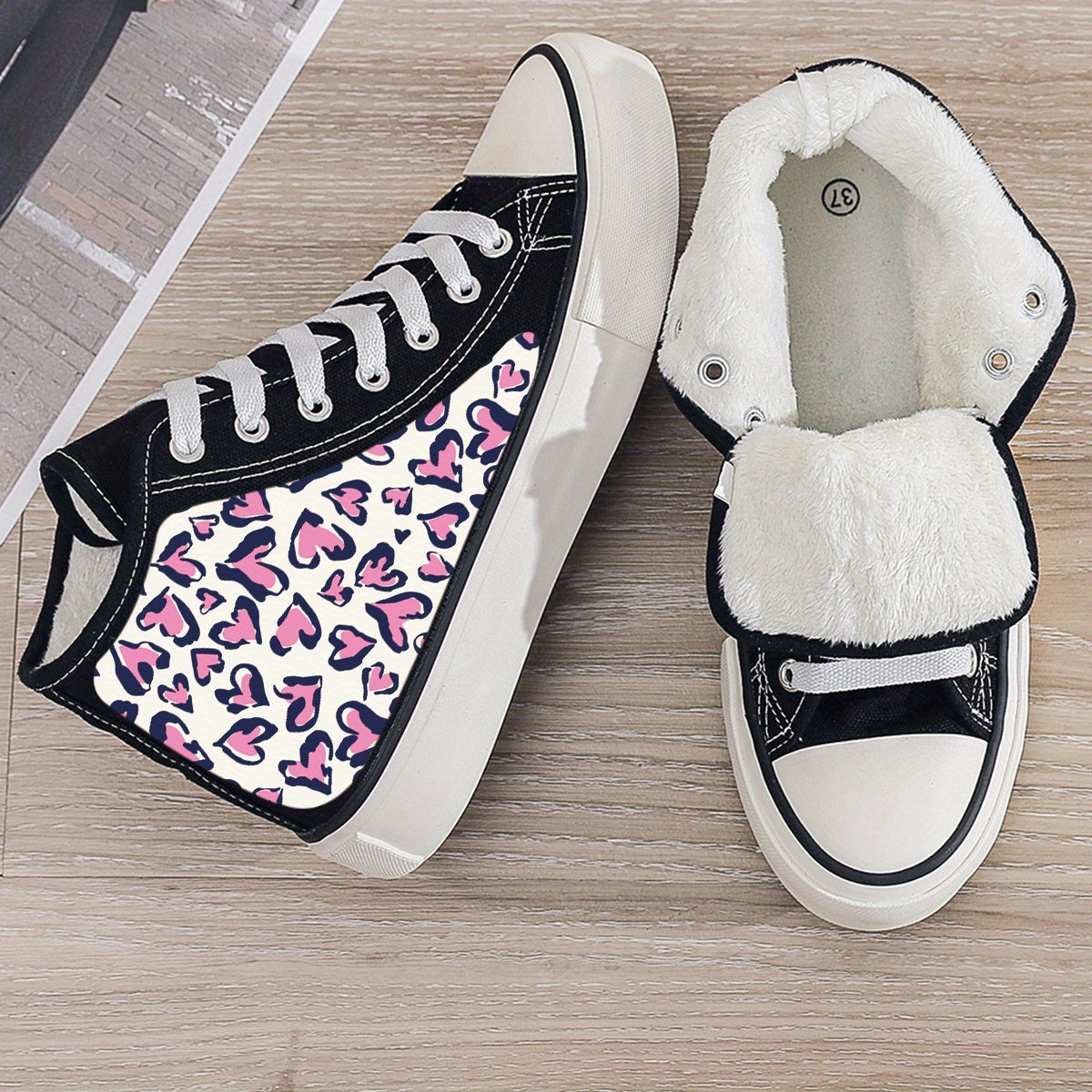 Leopard Heart Print Plush Lined Thermal Chunky Canvas Sneakers