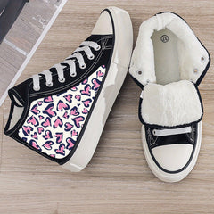 Leopard Heart Print Plush Lined Thermal Chunky Canvas Sneakers