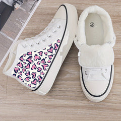 Leopard Heart Print Plush Lined Thermal Chunky Canvas Sneakers