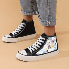 Cow Print Chunky Canvas Sneakers High Top Skate Shoes Lace Up Outd