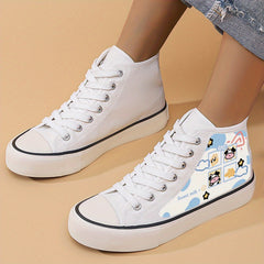 Cow Print Chunky Canvas Sneakers High Top Skate Shoes Lace Up Outd