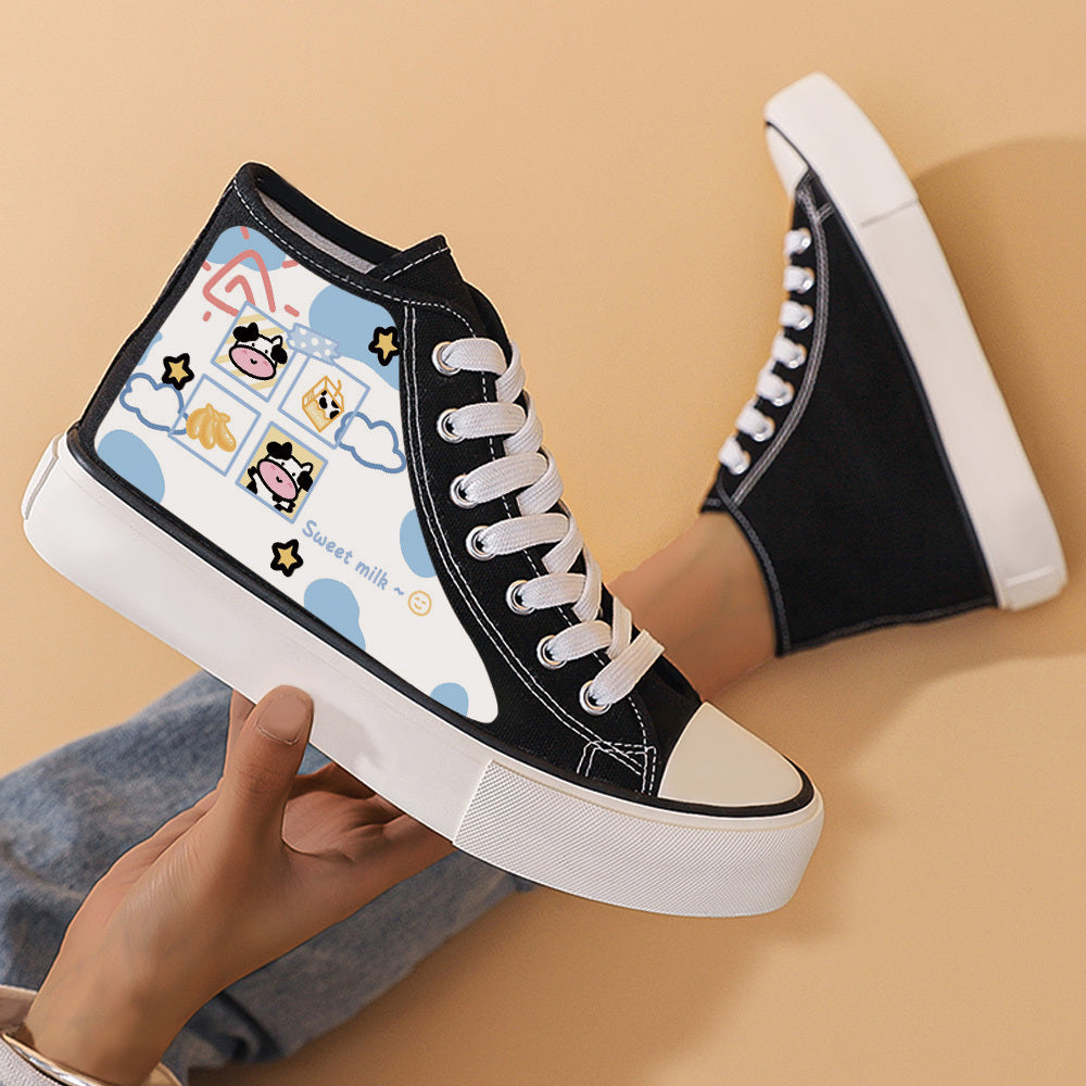 Cow Print Chunky Canvas Sneakers High Top Skate Shoes Lace Up Outd