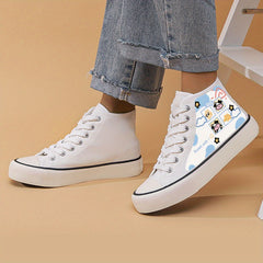 Cow Print Chunky Canvas Sneakers High Top Skate Shoes Lace Up Outd