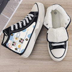 Cow Print Plush Lined Chunky Canvas Sneakers Flat Heighten Winter Shoes