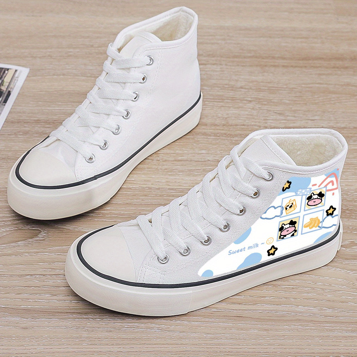 Cow Print Plush Lined Chunky Canvas Sneakers Flat Heighten Winter Shoes