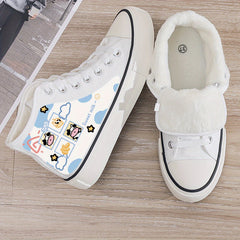 Cow Print Plush Lined Chunky Canvas Sneakers Flat Heighten Winter Shoes