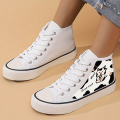 Cow Print Flat Heighten Chunky Canvas Sneakers