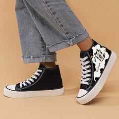 Cow Print Flat Heighten Chunky Canvas Sneakers