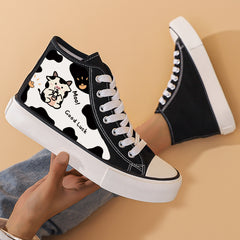 Cow Print Flat Heighten Chunky Canvas Sneakers