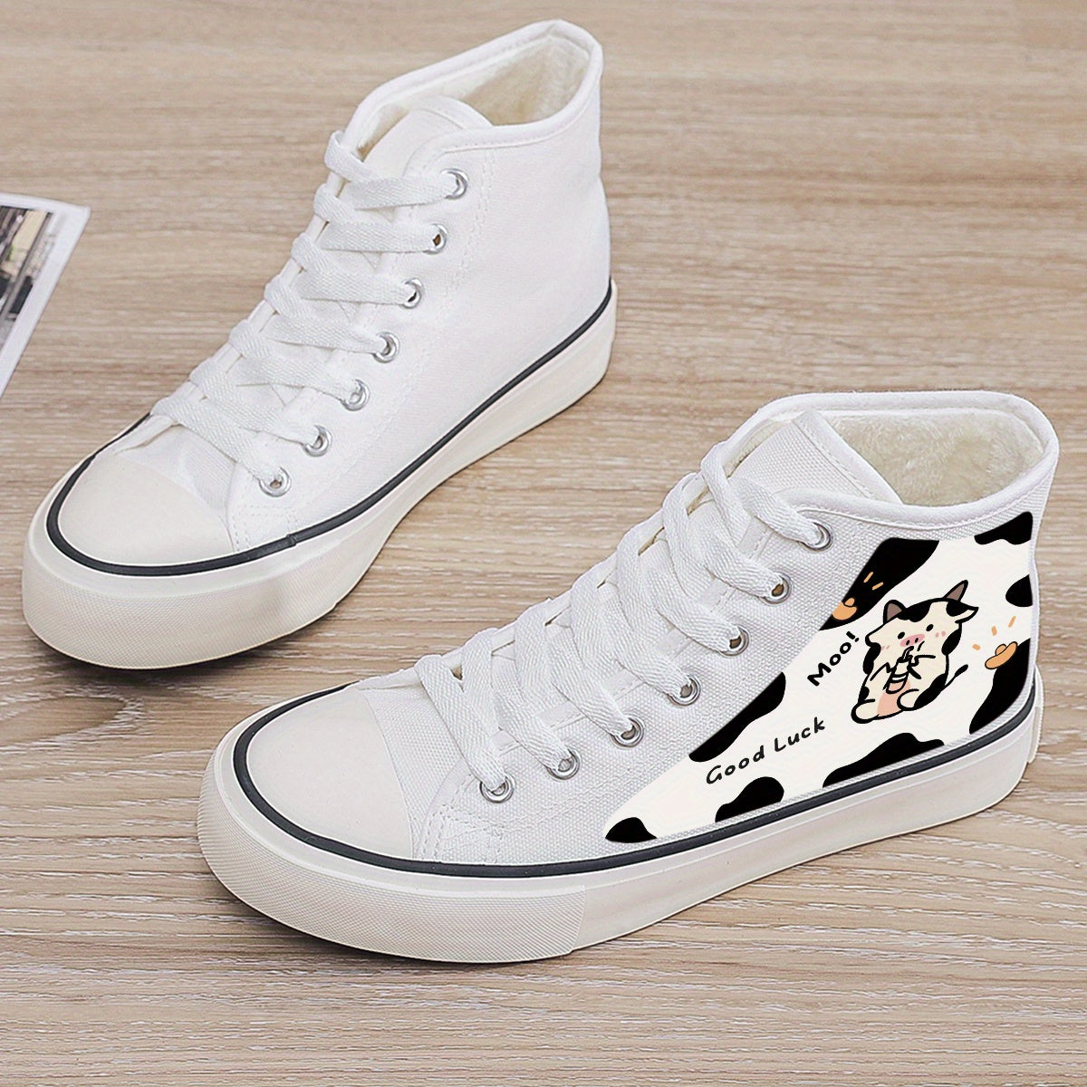 Cow Print Plush Lined Chunky Canvas Sneakers