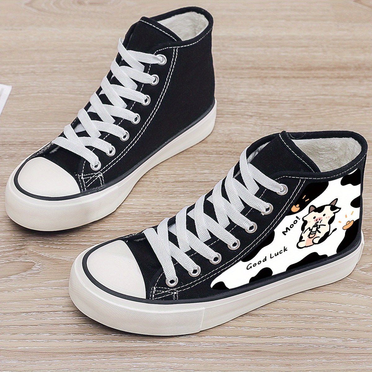 Cow Print Plush Lined Chunky Canvas Sneakers
