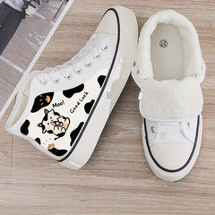 Cow Print Plush Lined Chunky Canvas Sneakers