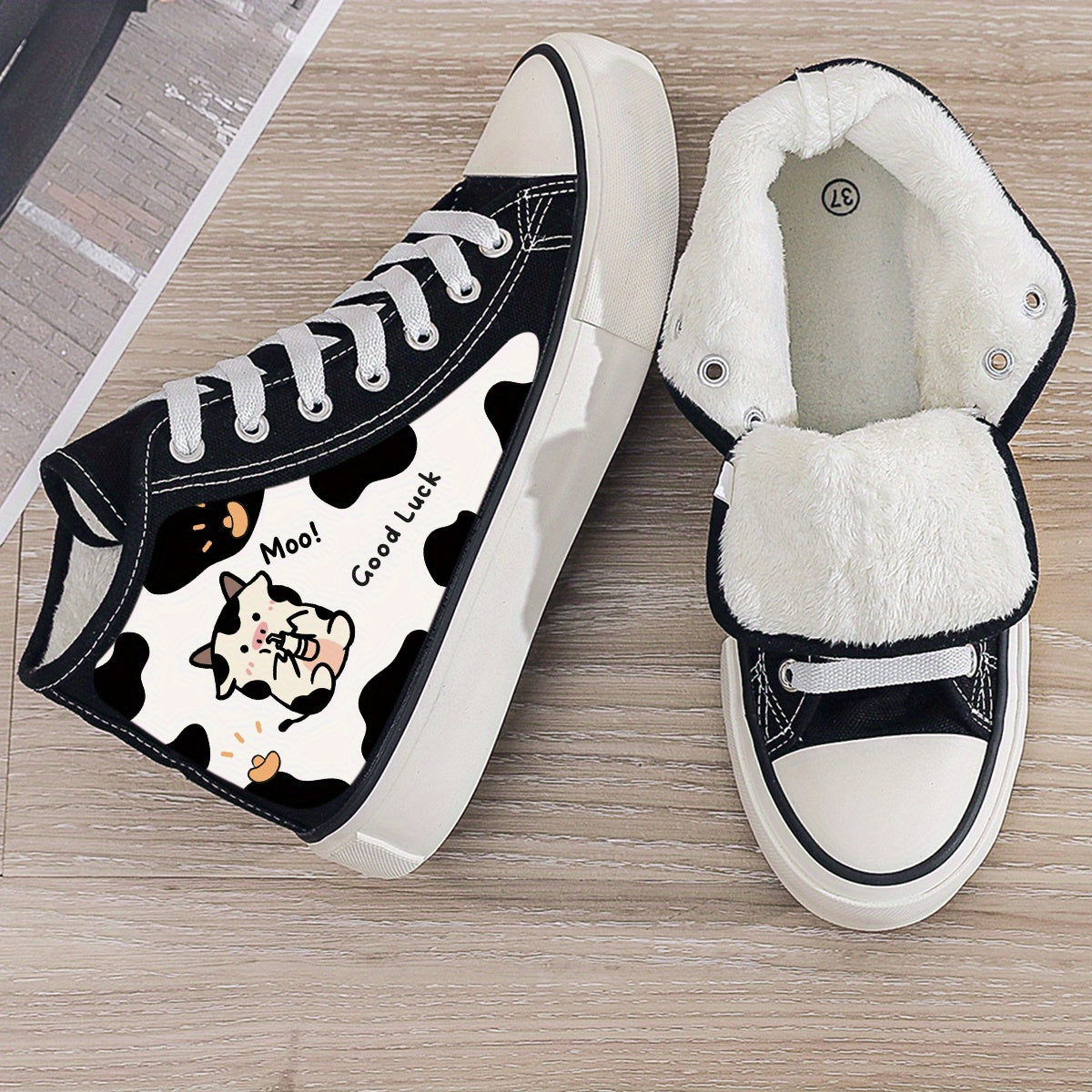 Cow Print Plush Lined Chunky Canvas Sneakers