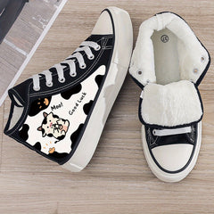 Cow Print Plush Lined Chunky Canvas Sneakers