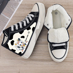 Cow Print Plush Lined Thermal Chunky Canvas Sneakers