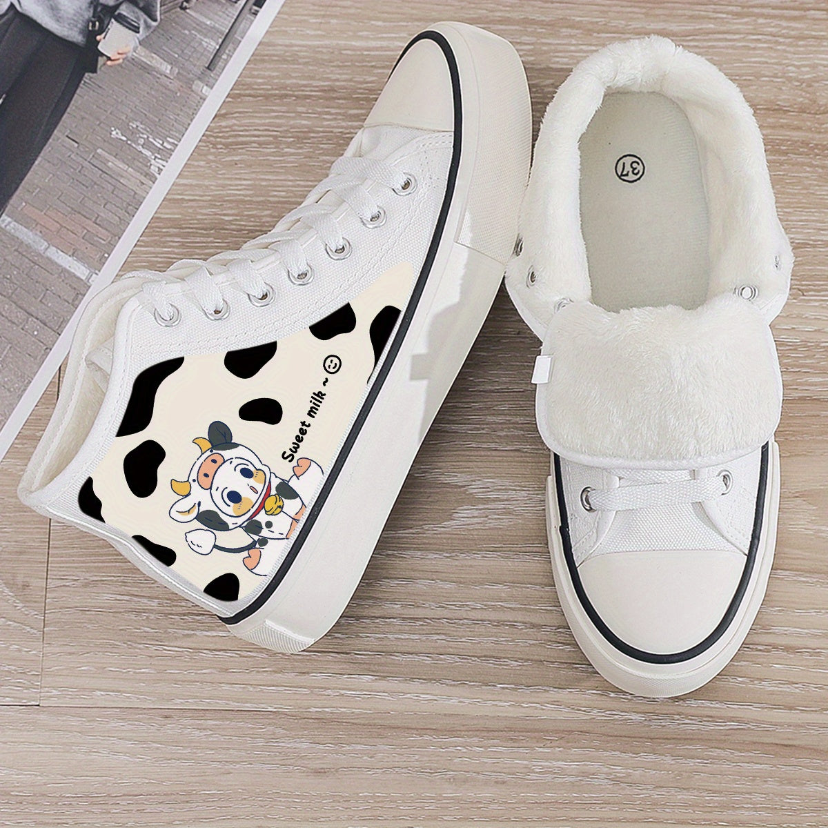 Cow Print Plush Lined Thermal Chunky Canvas Sneakers