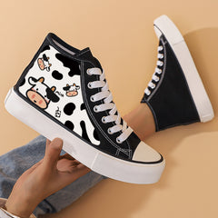 Cow Print Chunky Canvas Sneakers Heighten High Top Skate Shoes