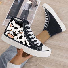 Cow Print Plush Lined Thermal Chunky Canvas Sneakers