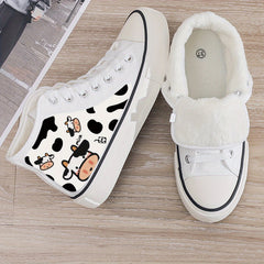Cow Print Plush Lined Thermal Chunky Canvas Sneakers
