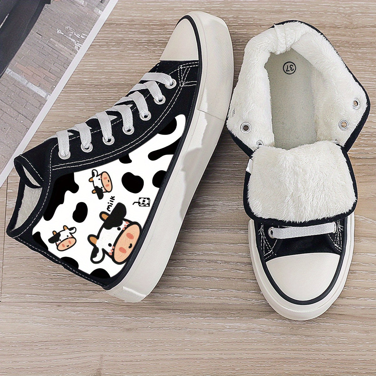 Cow Print Plush Lined Thermal Chunky Canvas Sneakers