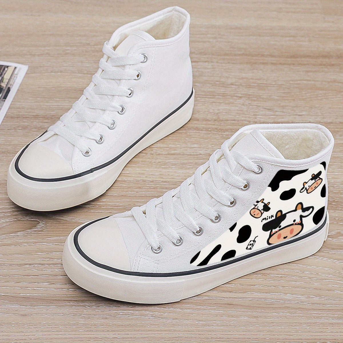 Cow Print Plush Lined Thermal Chunky Canvas Sneakers