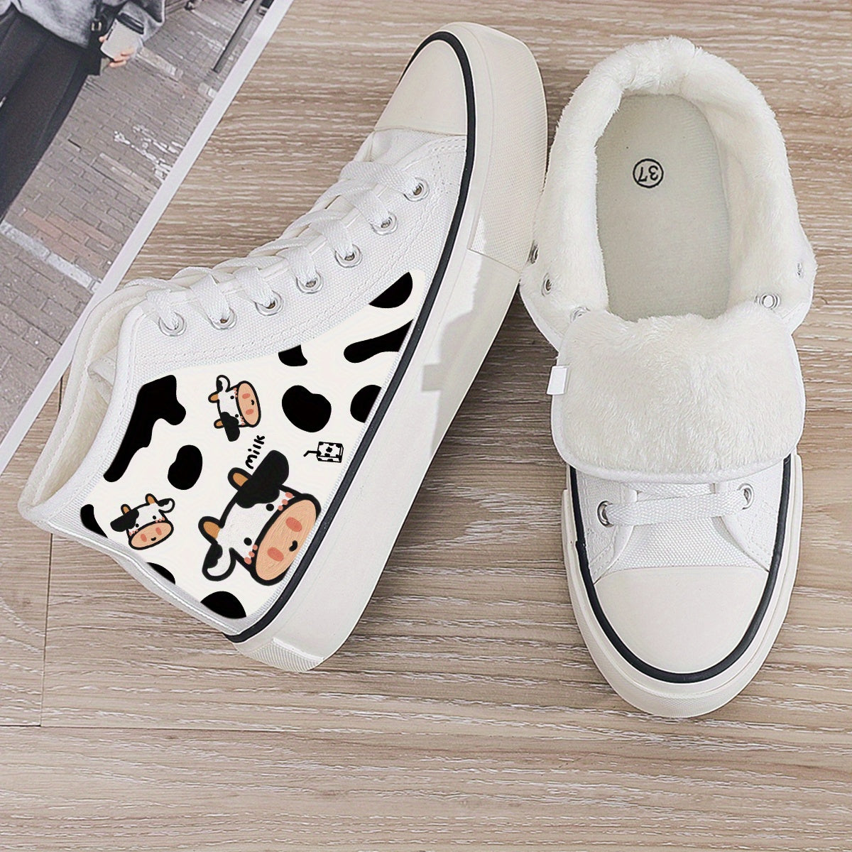 Cow Print Plush Lined Thermal Chunky Canvas Sneakers