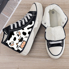Cow Print Plush Lined Thermal Chunky Canvas Sneakers