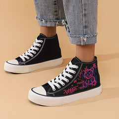 Graffiti Bear Print Chunky Canvas Sneakers High Top Skate Shoes