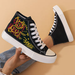 Graffiti Bear Print Chunky Canvas Sneakers High Top Skate Shoes