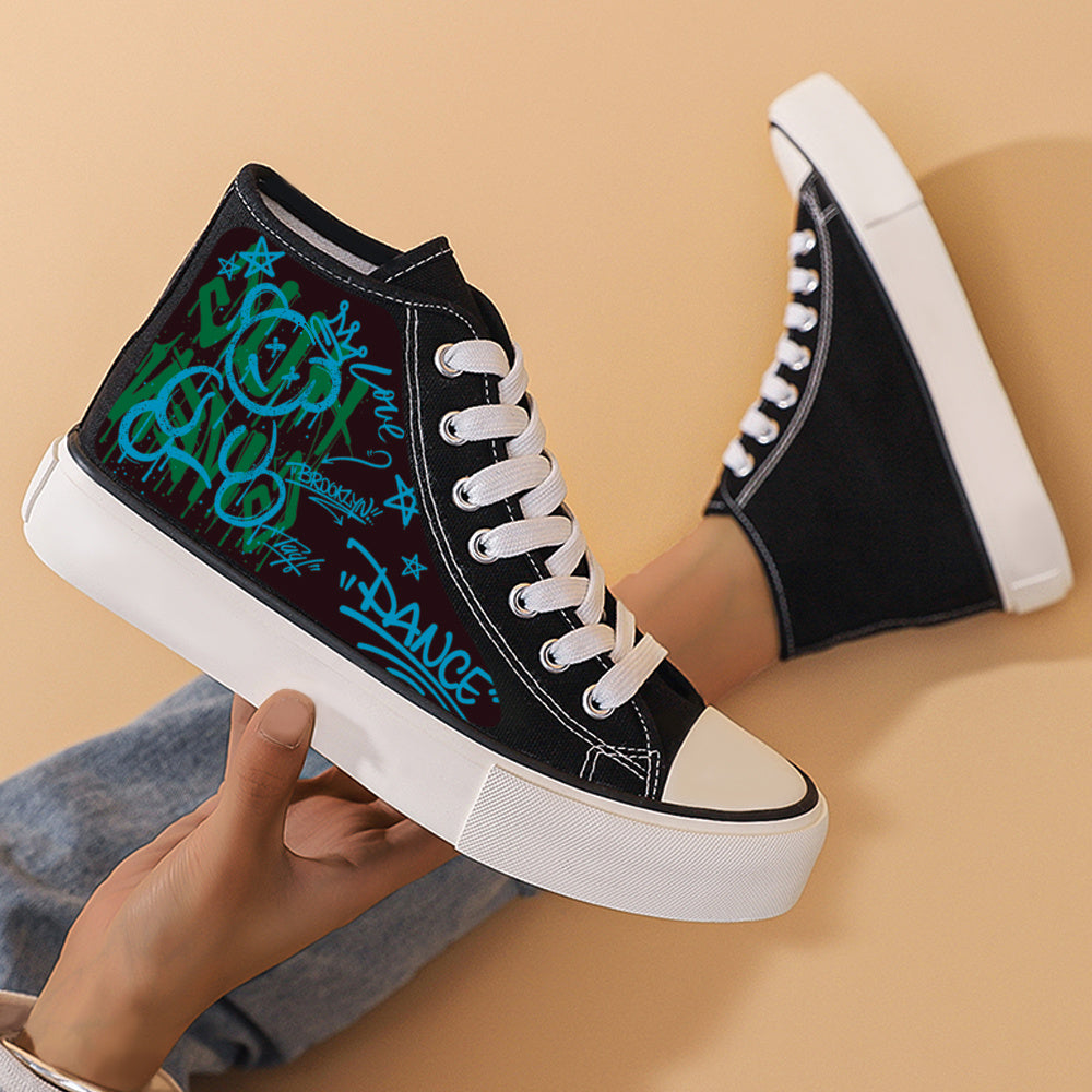 Graffiti Bear Print Chunky Canvas Sneakers High Top Skate Shoes