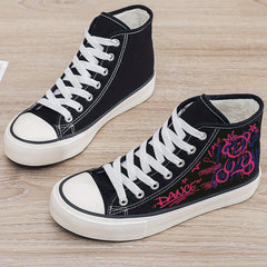 Bear Print Plush Lined Canvas Sneakers Flat Heighten