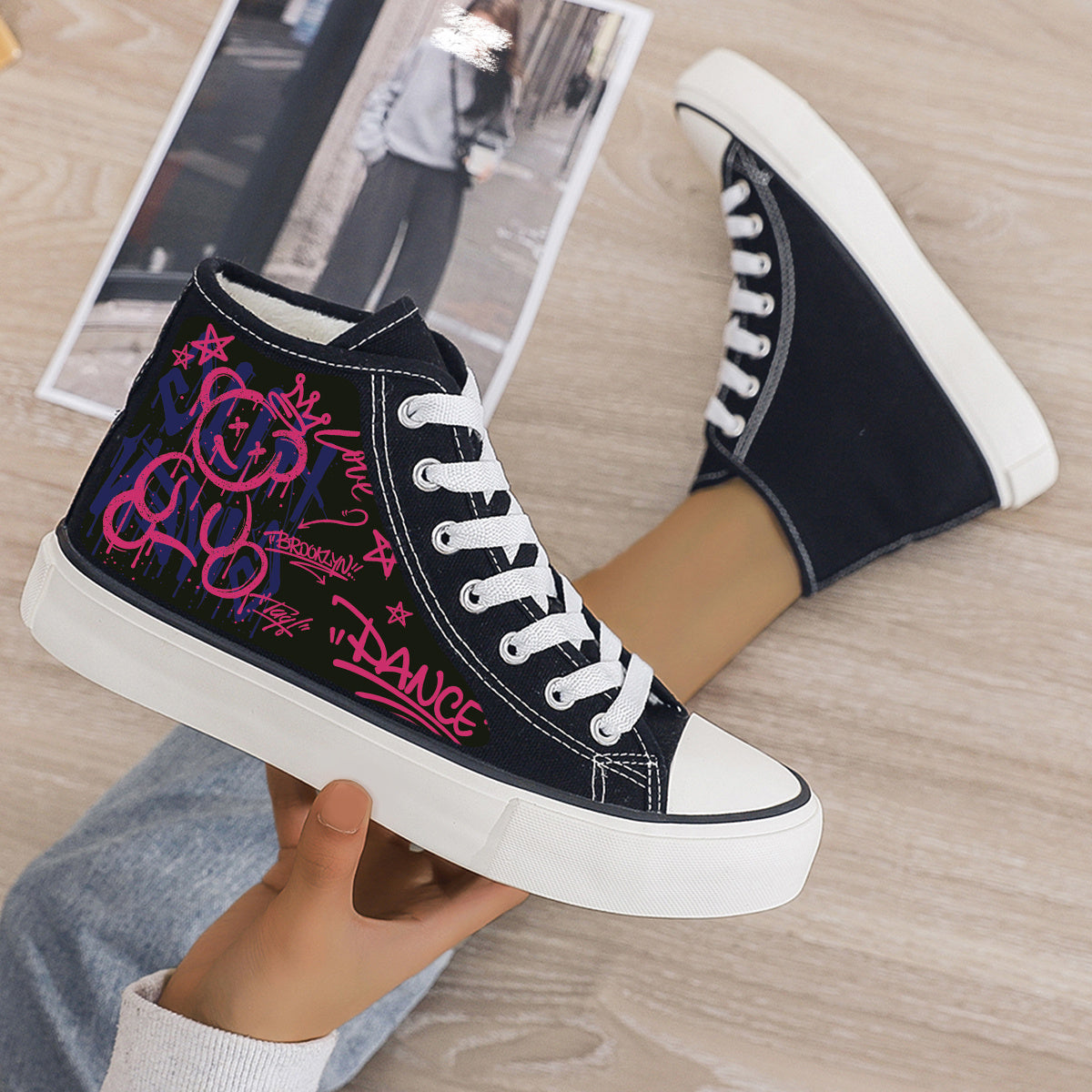 Bear Print Plush Lined Canvas Sneakers Flat Heighten