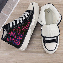 Bear Print Plush Lined Canvas Sneakers Flat Heighten