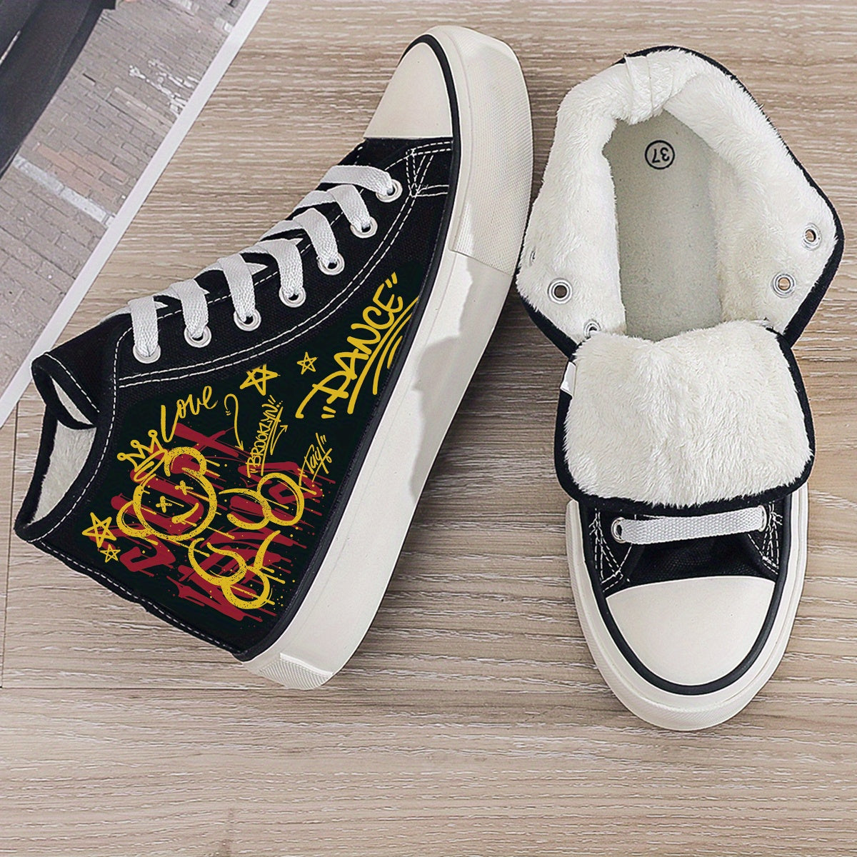 Bear Print Plush Lined Canvas Sneakers Flat Heighten