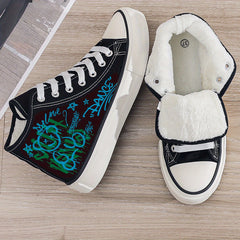 Bear Print Plush Lined Canvas Sneakers Flat Heighten