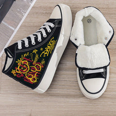 Bear Print Plush Lined Canvas Sneakers Flat Heighten