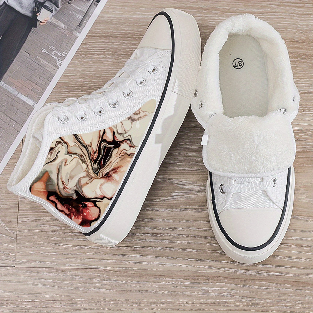 Plush Lined Thermal Canvas Sneakers Flat Heighten Fall Winter Warm
