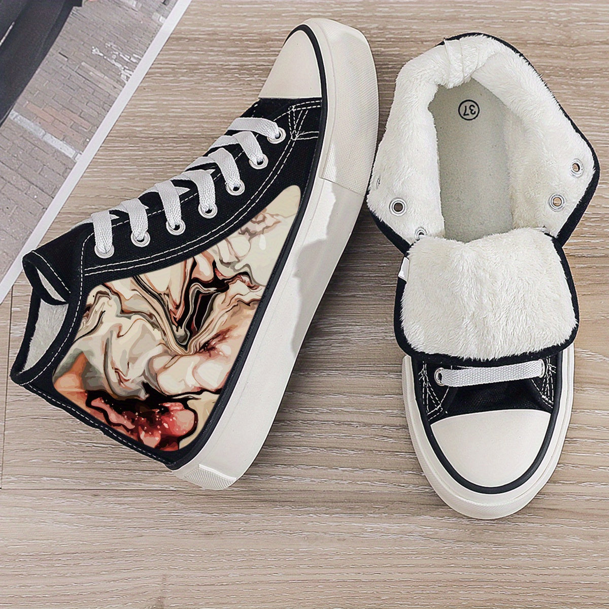Plush Lined Thermal Canvas Sneakers Flat Heighten Fall Winter Warm