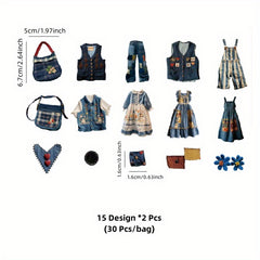 Retro Clothing Theme Stickers 30pcs Cowboy Plaid Skirt Waterproof PVC DIY Decora
