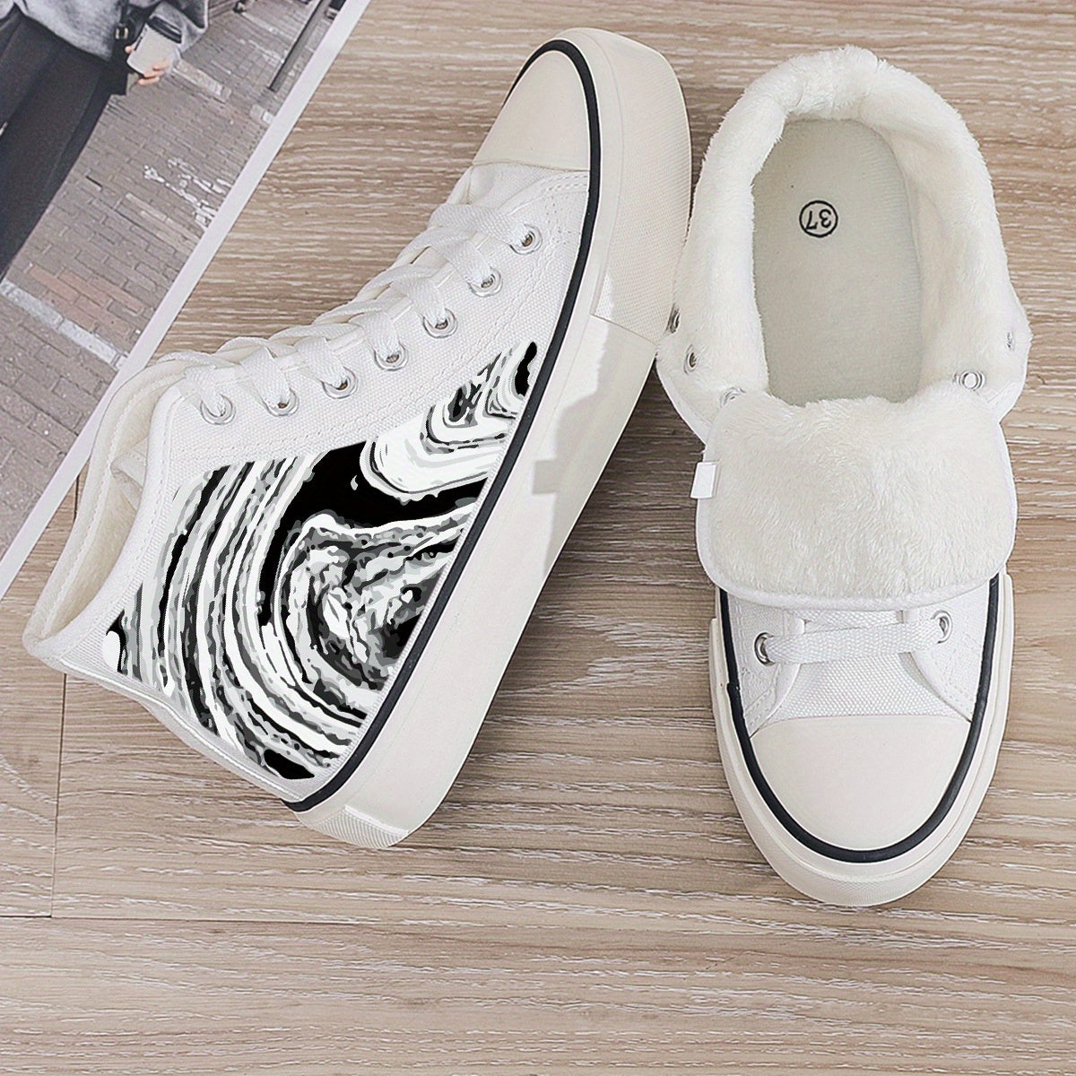 Plush Lined Chunky Canvas Sneakers Flat Heighten Warm