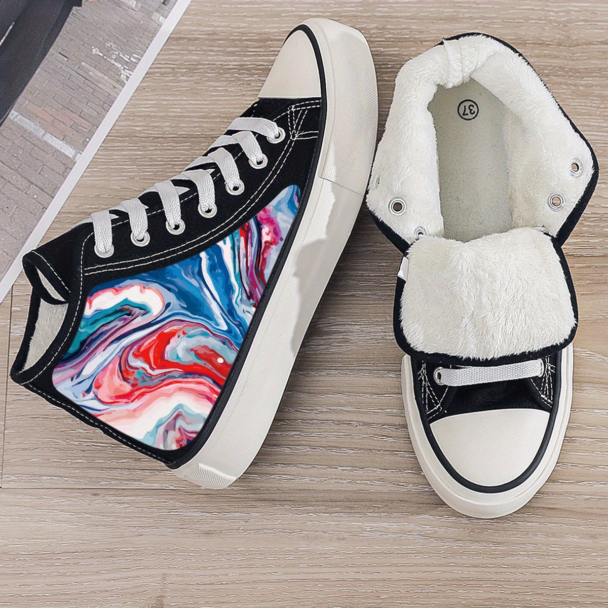 Plush Lined Thermal Chunky Canvas Sneakers Fall Winter Warm Non Slip Shoes