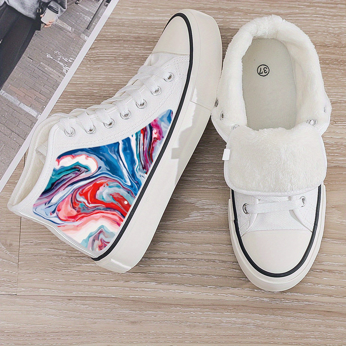 Plush Lined Thermal Chunky Canvas Sneakers Fall Winter Warm Non Slip Shoes