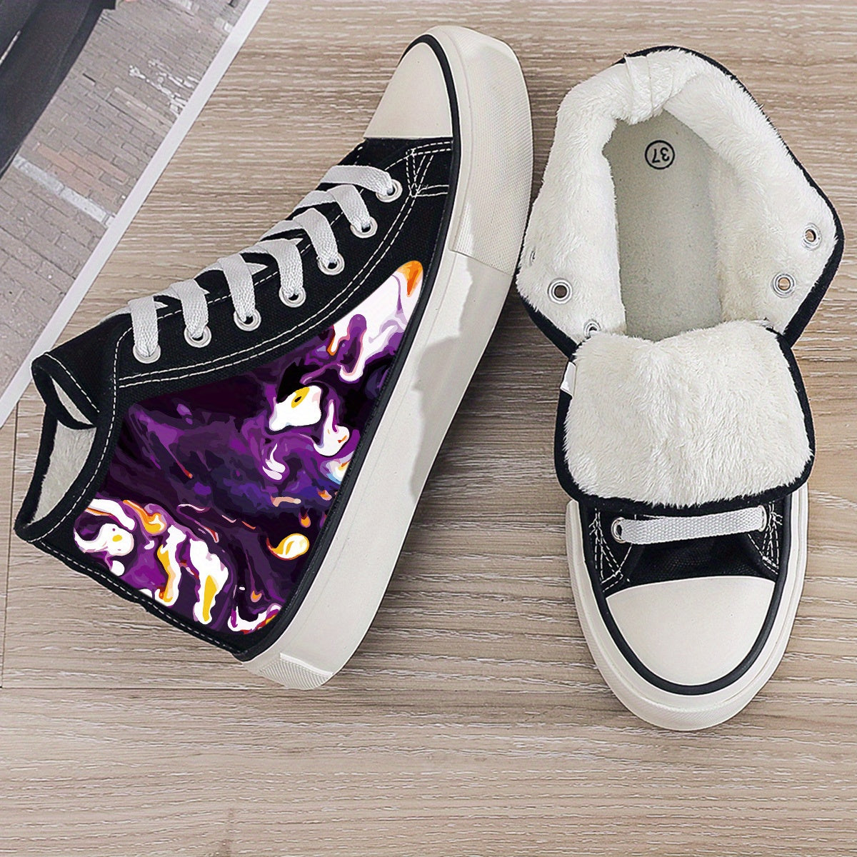 Abstract Print Plush Lined Thermal Chunky Canvas Sneakers