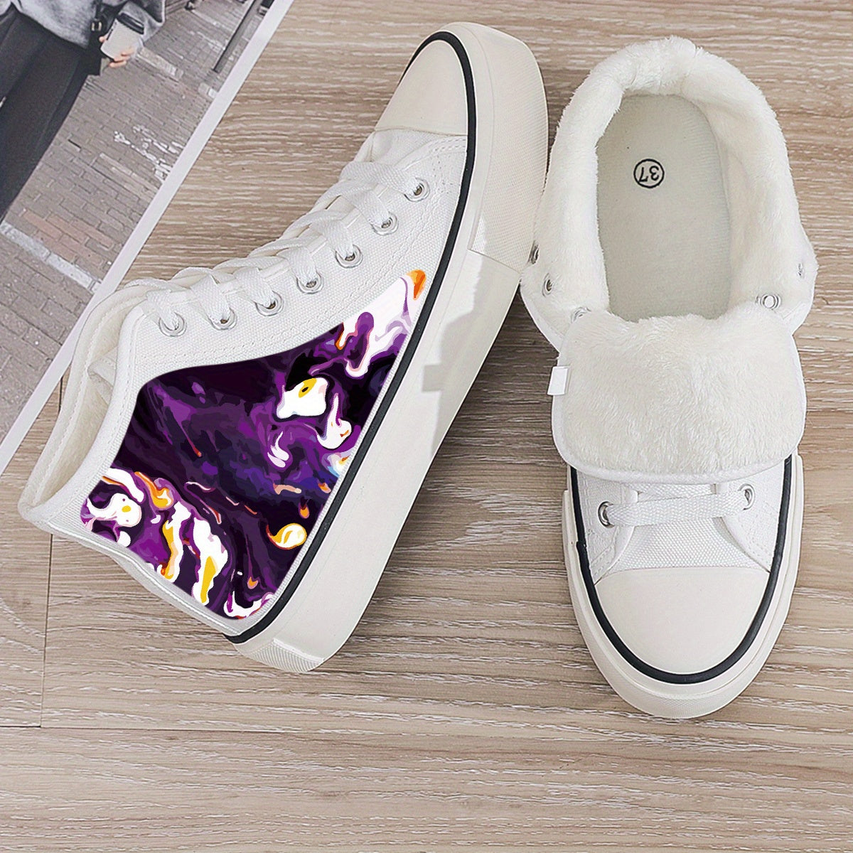 Abstract Print Plush Lined Thermal Chunky Canvas Sneakers