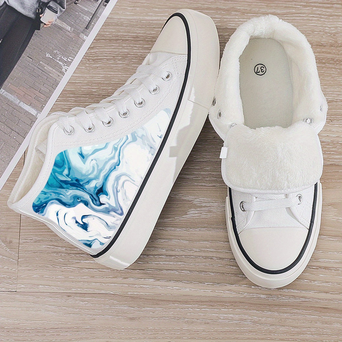 Plush Lined Chunky Canvas Sneakers Flat Fall Winter Warm Non Slip Shoes