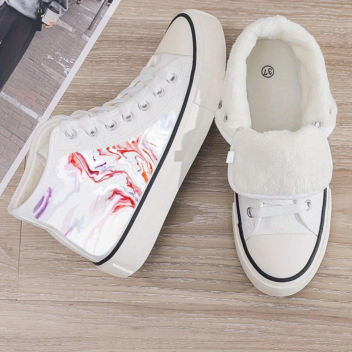 Plush Lined Chunky Canvas Sneakers Flat Fall Winter Warm Non Slip Shoes