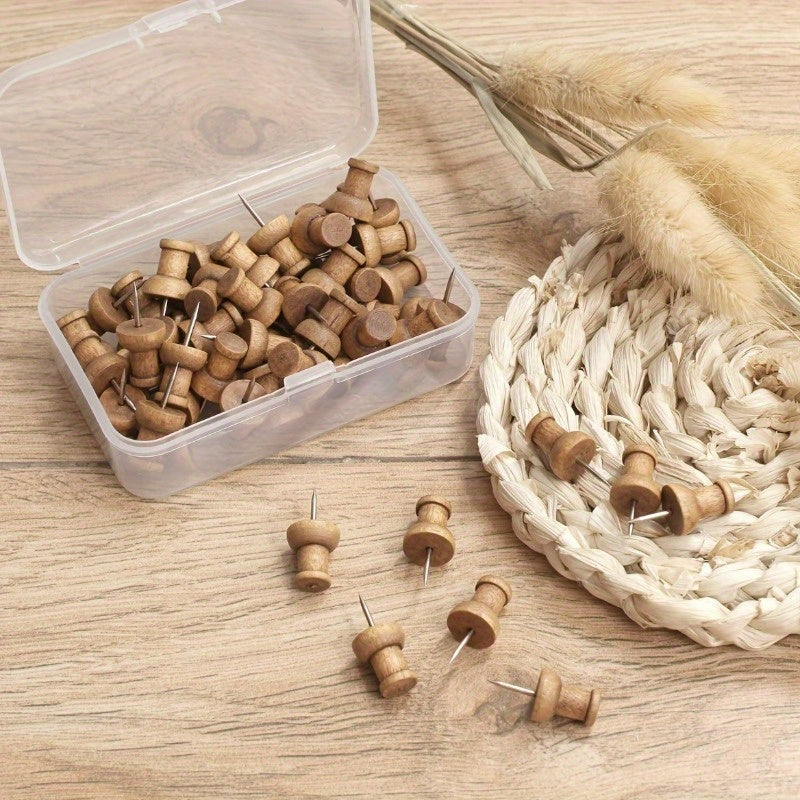 50 Pcs Walnut Wood Push Pins Decorative Wooden Thumb Tacks for Cork Boards