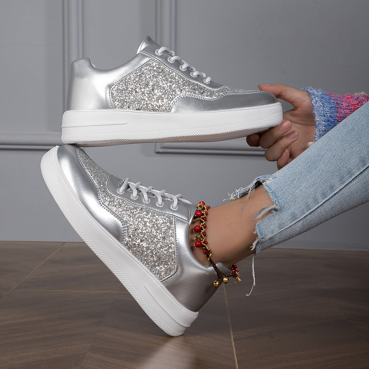 Sequins Low Sneakers Women's Lace Up Lightweight Skate Shoes