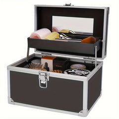 Portable Makeup Organizer Box with Mirror and Lock
