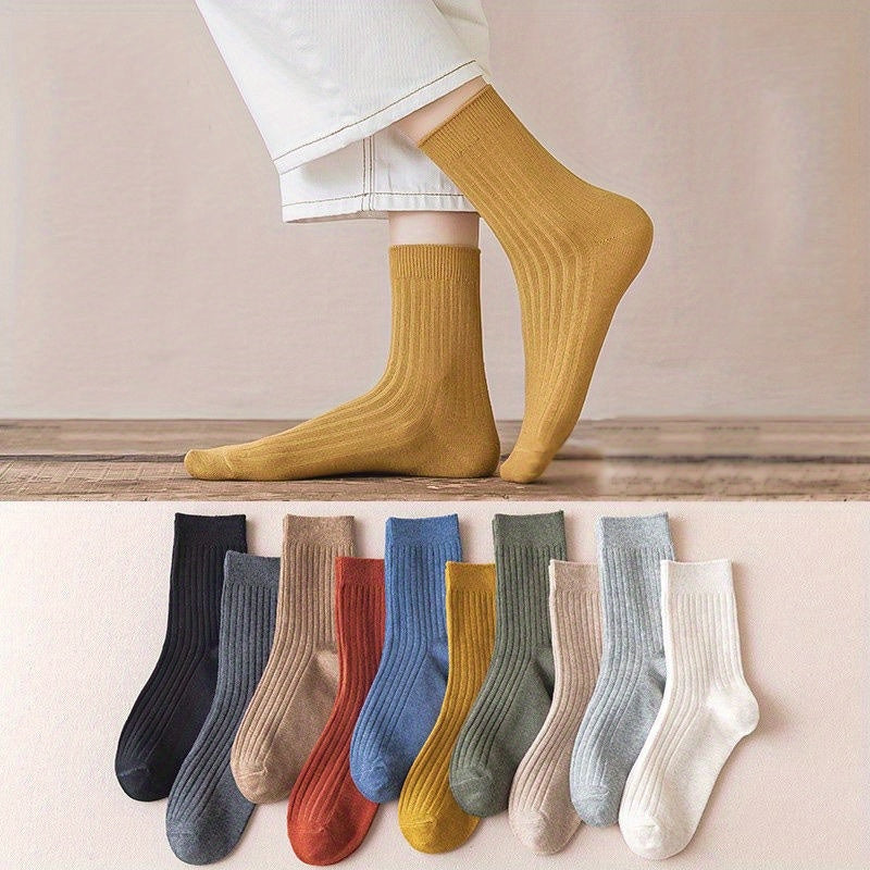 5 Pairs Men's Solid Crew Socks Comfy Casual Unisex Outdoor All Seasons